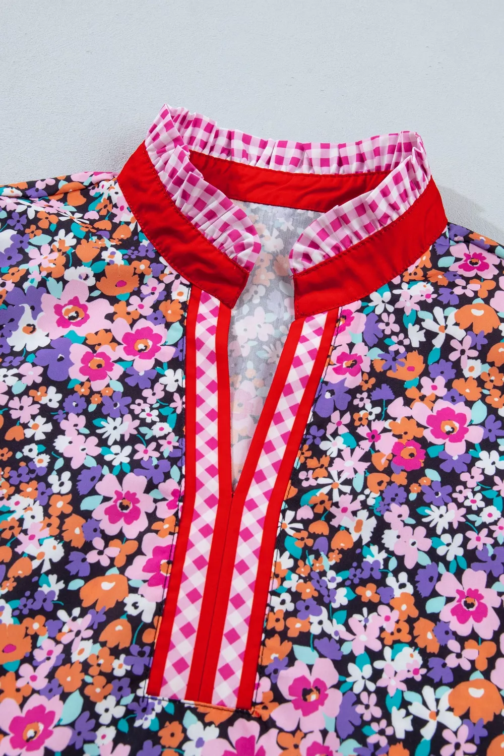 Ditsy Floral Print Plaid Colorblock Trim V Neck Blouse, image 7