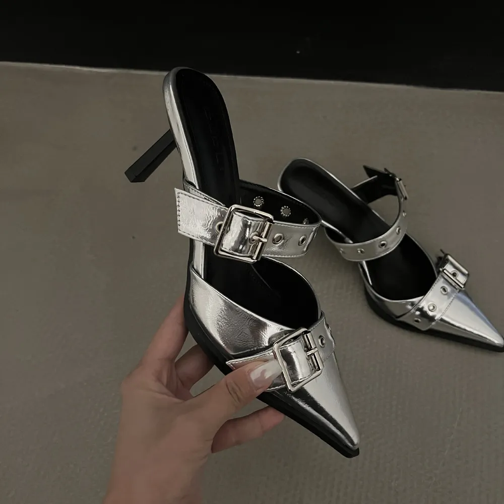 Point Toe Flare Heel Buckle Sandals, image 4
