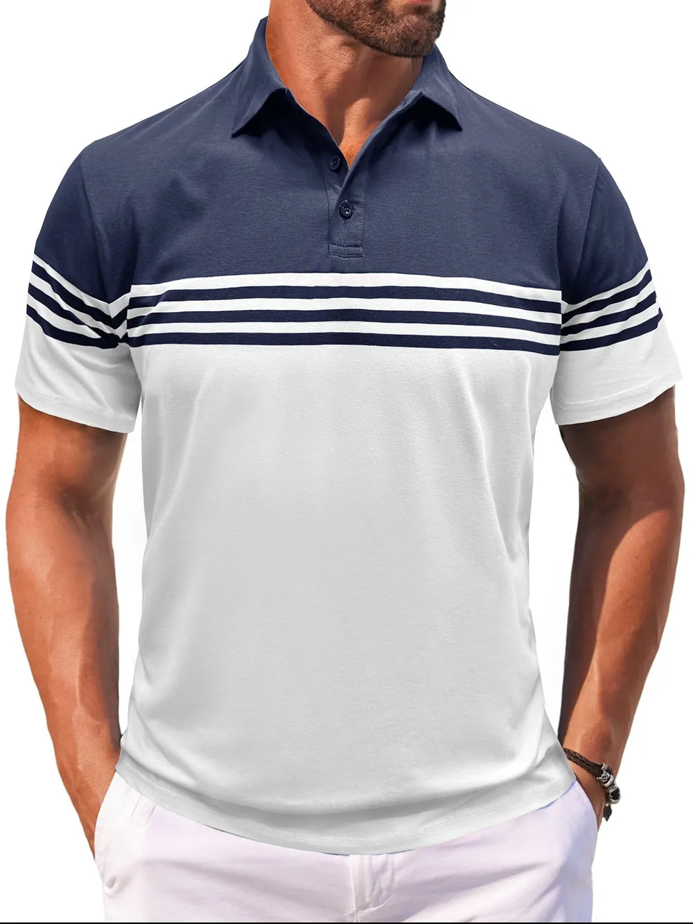 Men's Full Size Color Block Striped Polo Shirt Plus Size, image 7