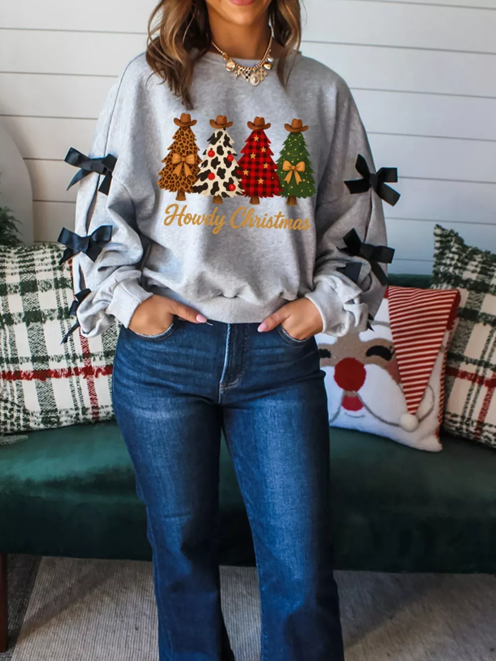 Howdy Christmas 4 Trees Ribbon Bow Decor Sweatshirt, image 2