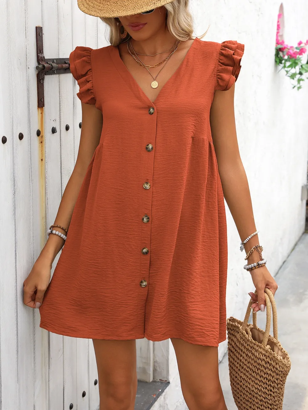Button Up V-Neck Cap Sleeve Mini Dress, image 5