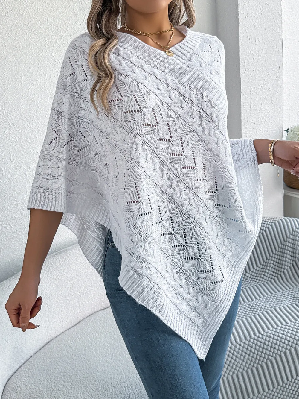 Cable-Knit Openwork Three-Quarter Sleeve Sweater, image 2