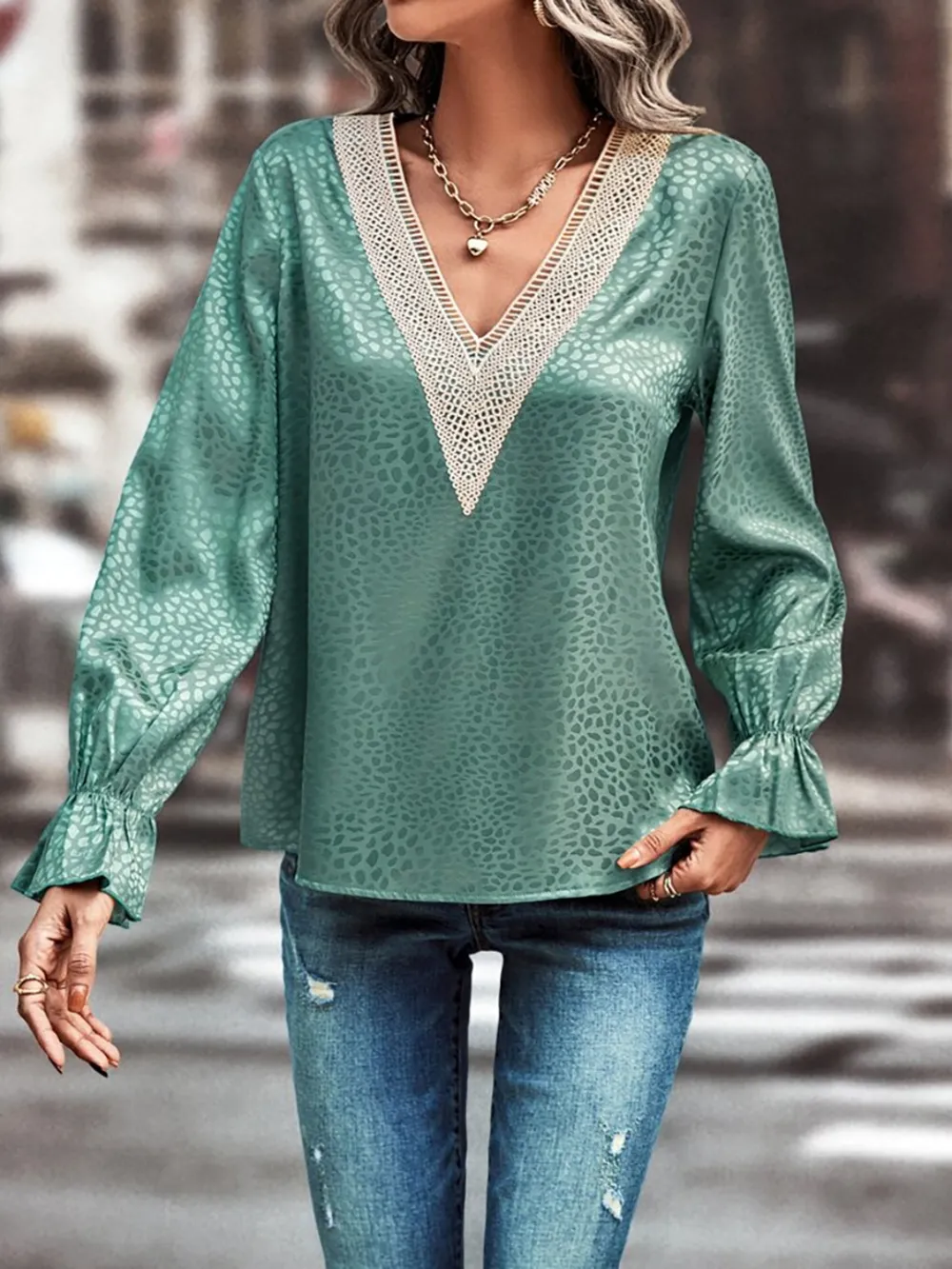V-Neck Flounce Sleeve Blouse, image 2
