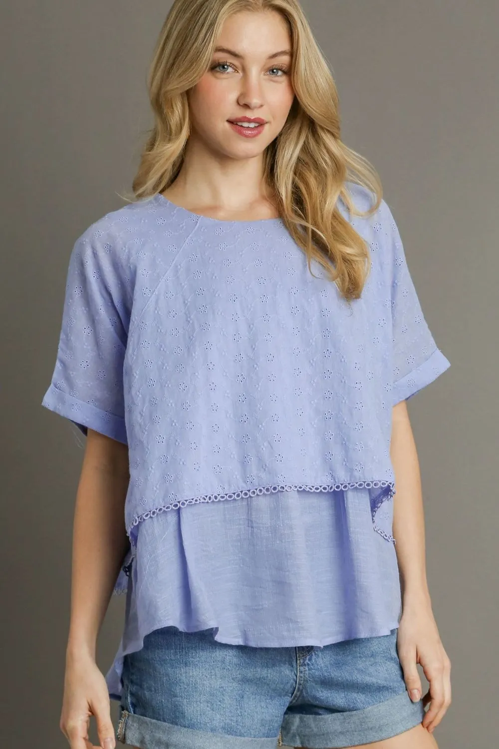 Full Size Eyelet Layered Short Sleeve Blouse Plus Size