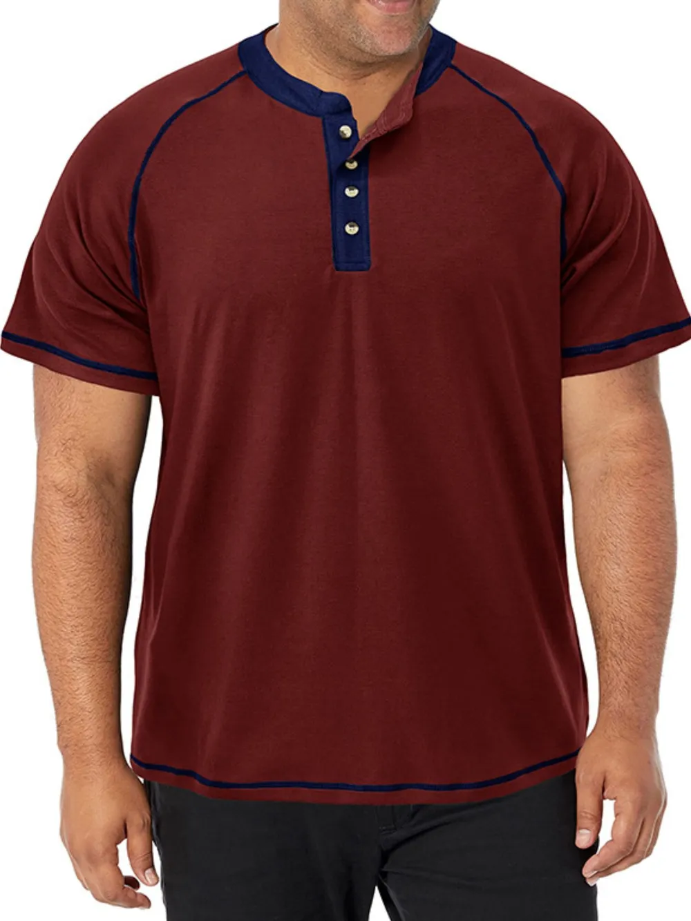 Men's Plus Size Contrast Stitch Henley Polo Shirt, image 10