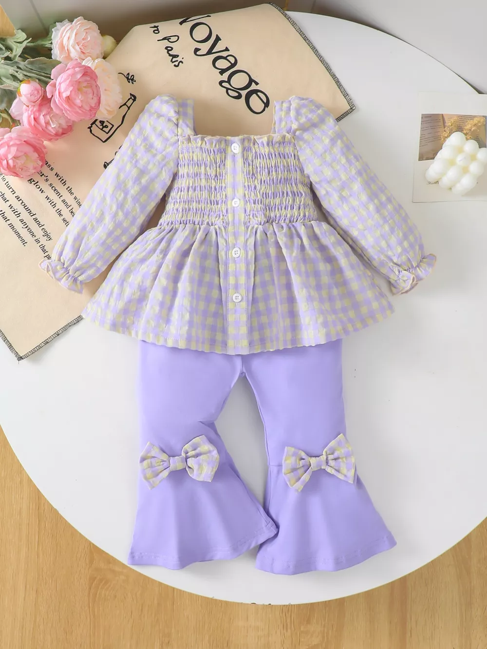 Children's Gingham Smocked Top and Bow Pants Set, image 2