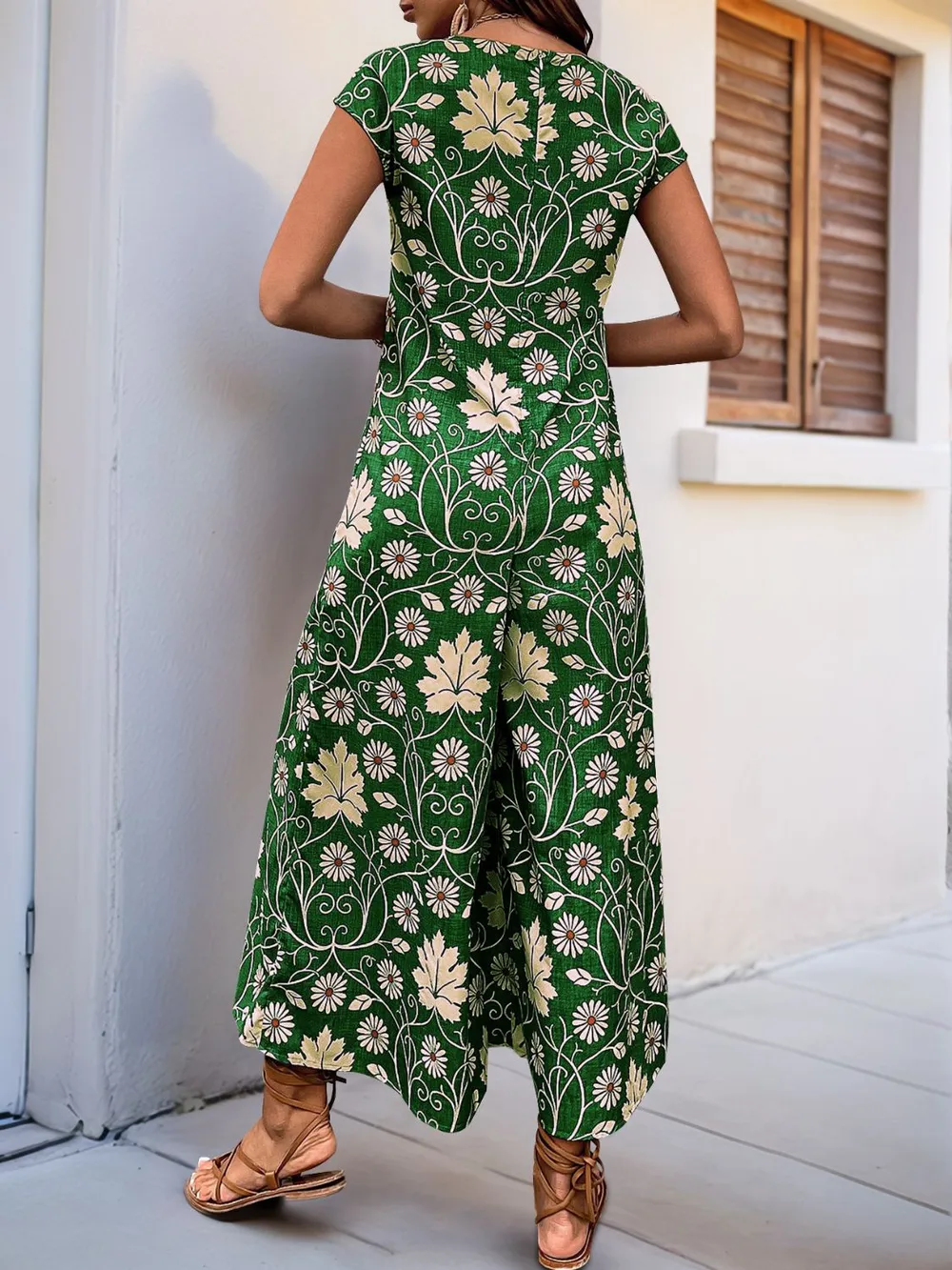 Printed Round Neck Cap Sleeve Wide Leg Jumpsuit, image 3