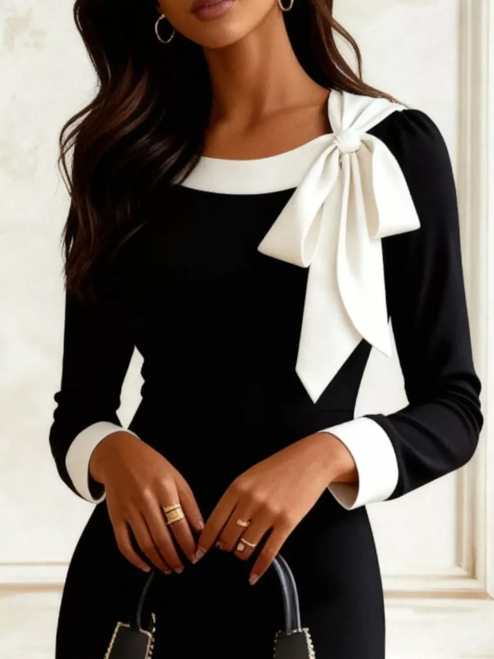Bowknot Contrast Trim Long Sleeve Dress, image 3