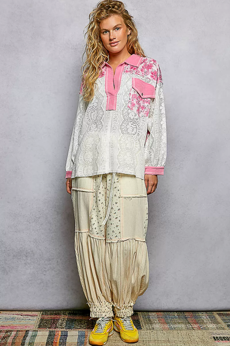 Floral Print Long Sleeve Lace Shirt with Front Pocket, image 2