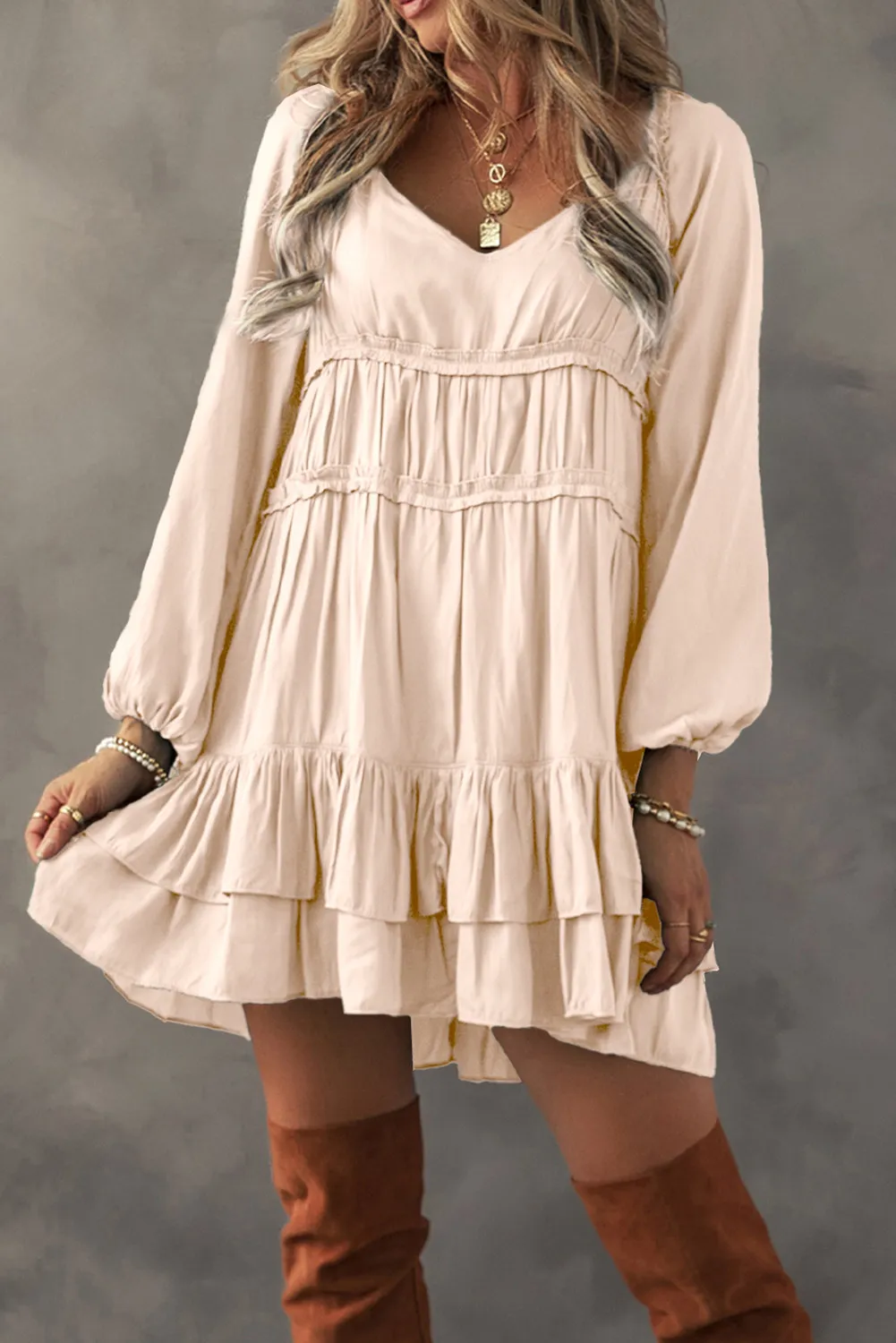 Frill Ruffled V-Neck Long Sleeve Mini Dress, image 2
