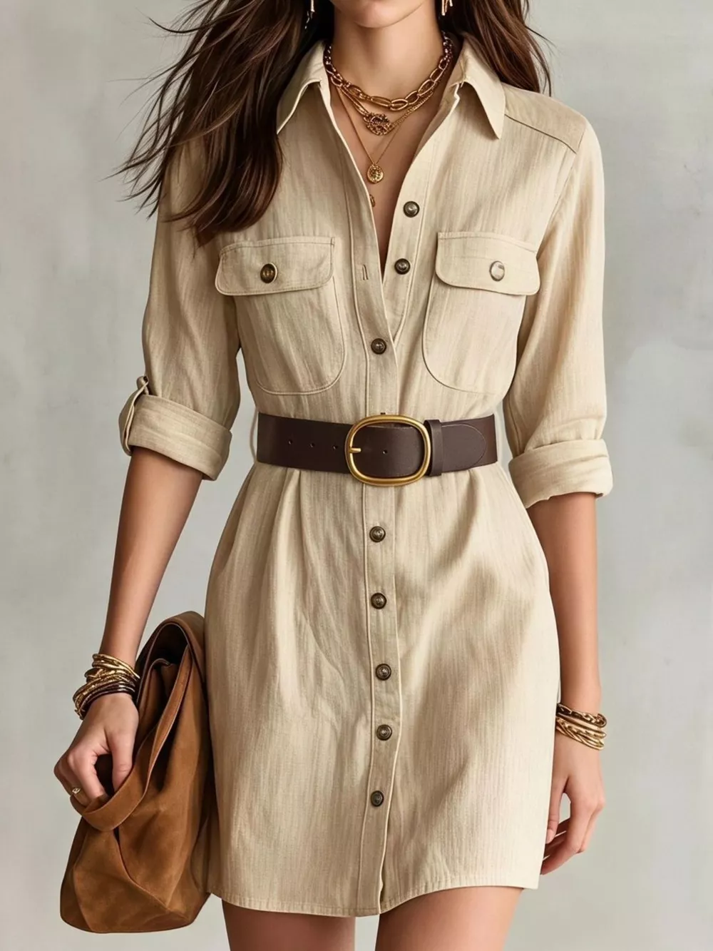 Button Front Long Sleeve Shirt Dress