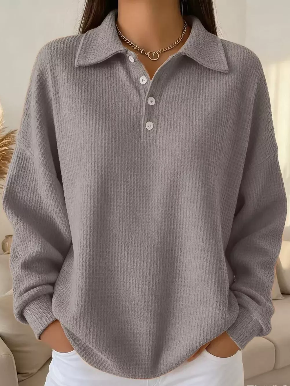 Full Size Waffle Knit Button Detail Top Plus Size, image 6