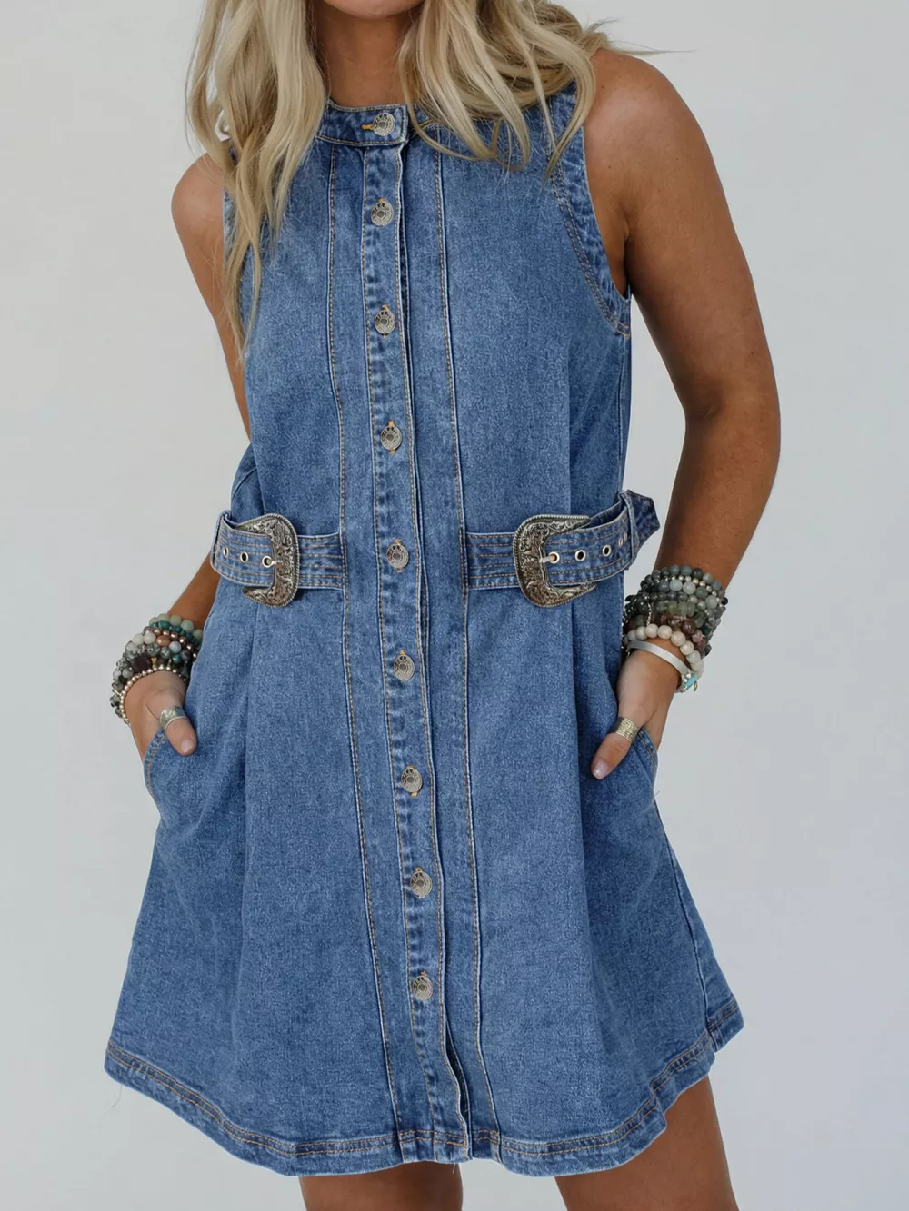 Western Belt Button Down Sleeveless Denim Short Dress, image 2