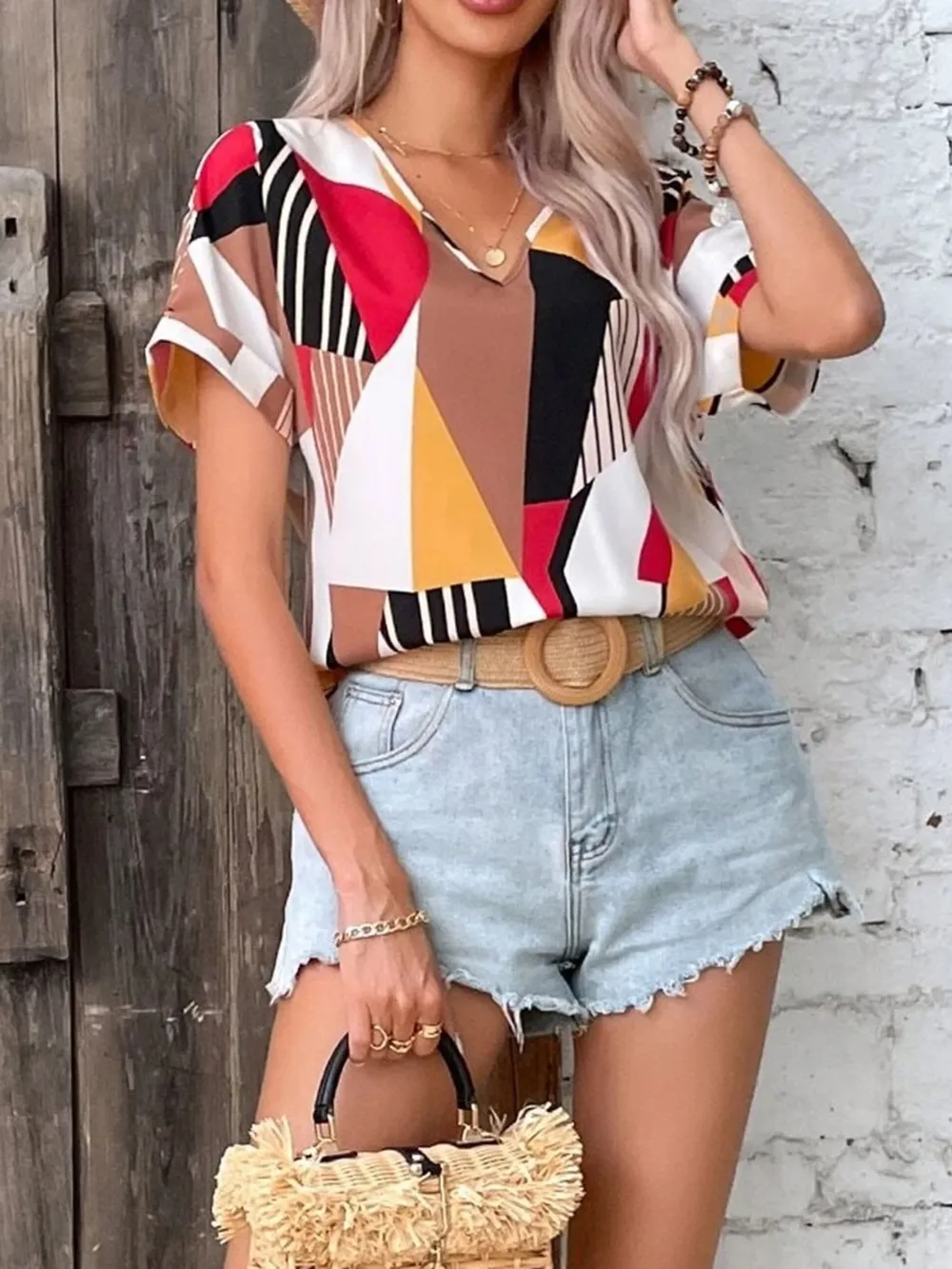 Printed V-Neck Short Sleeve Blouse, image 3