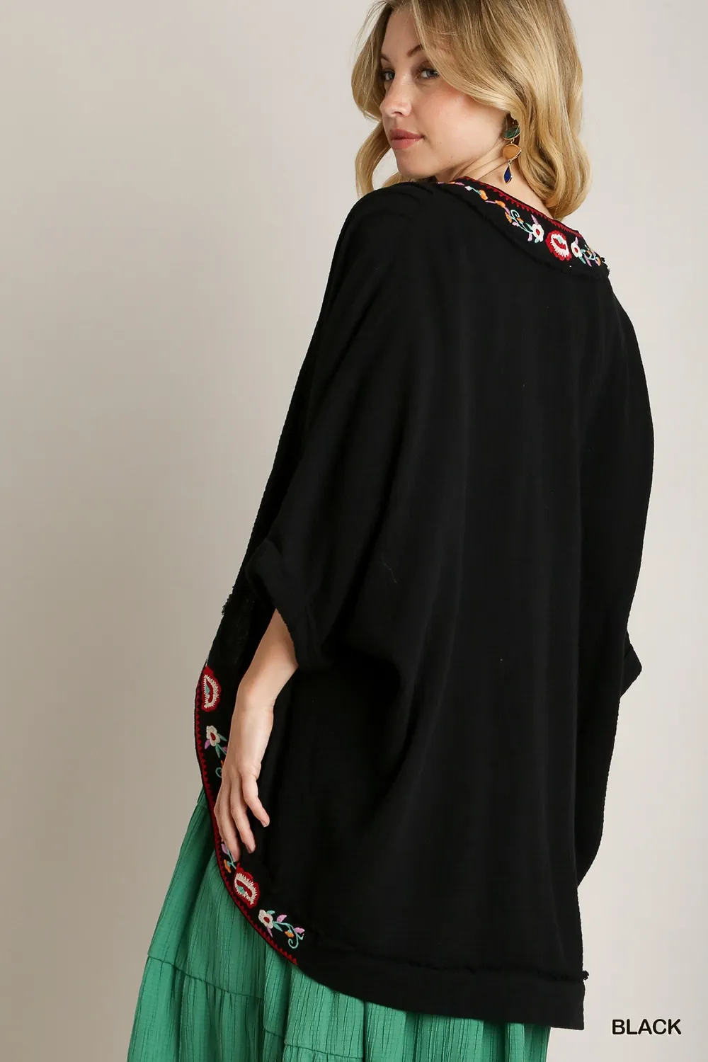 Embroidery Open Front Kimono with Pleated Shoulder Detail, image 2
