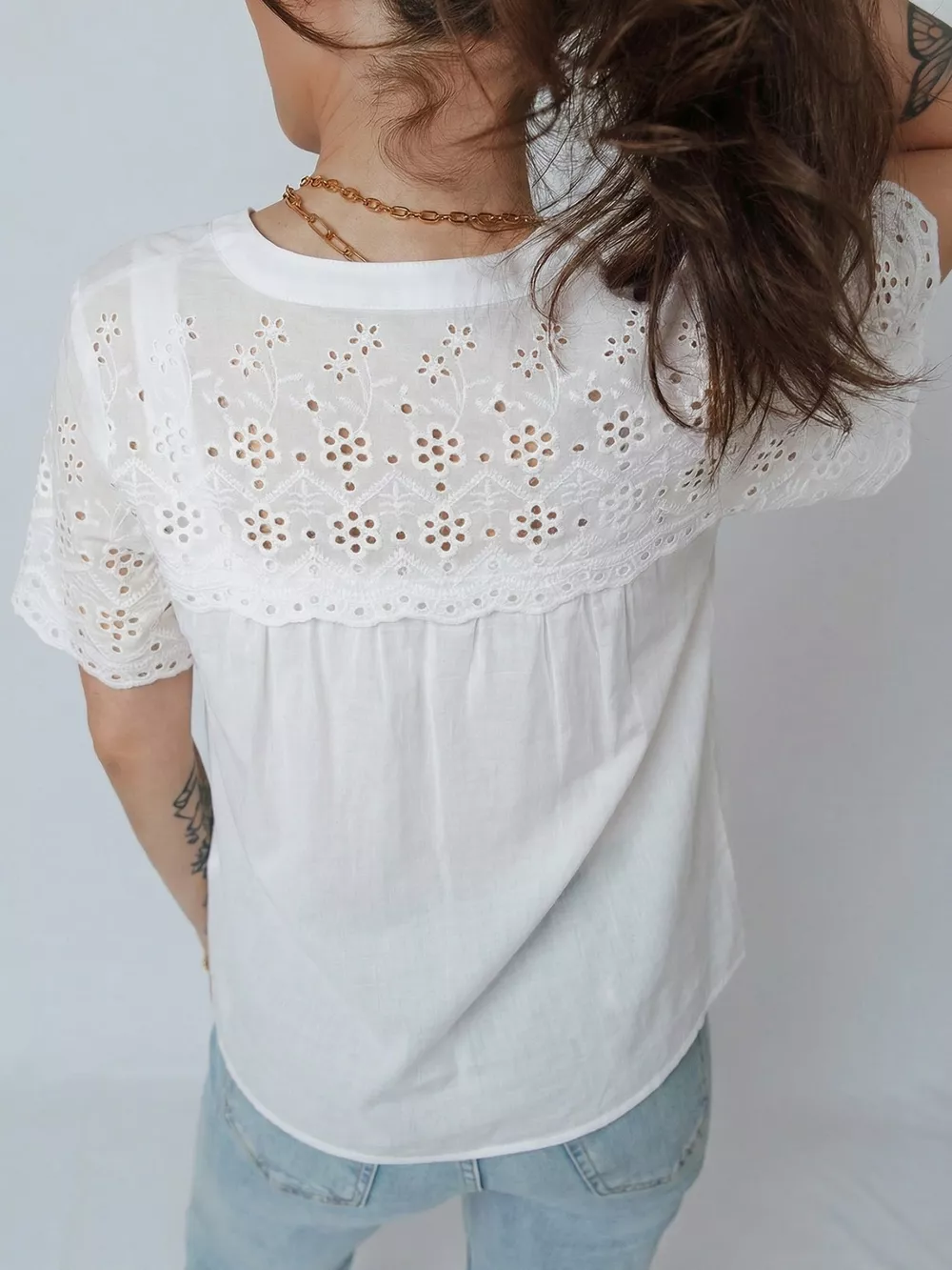 Flower Eyelet Embroidered Patchwork Sheer Short Sleeve Shirt, image 2