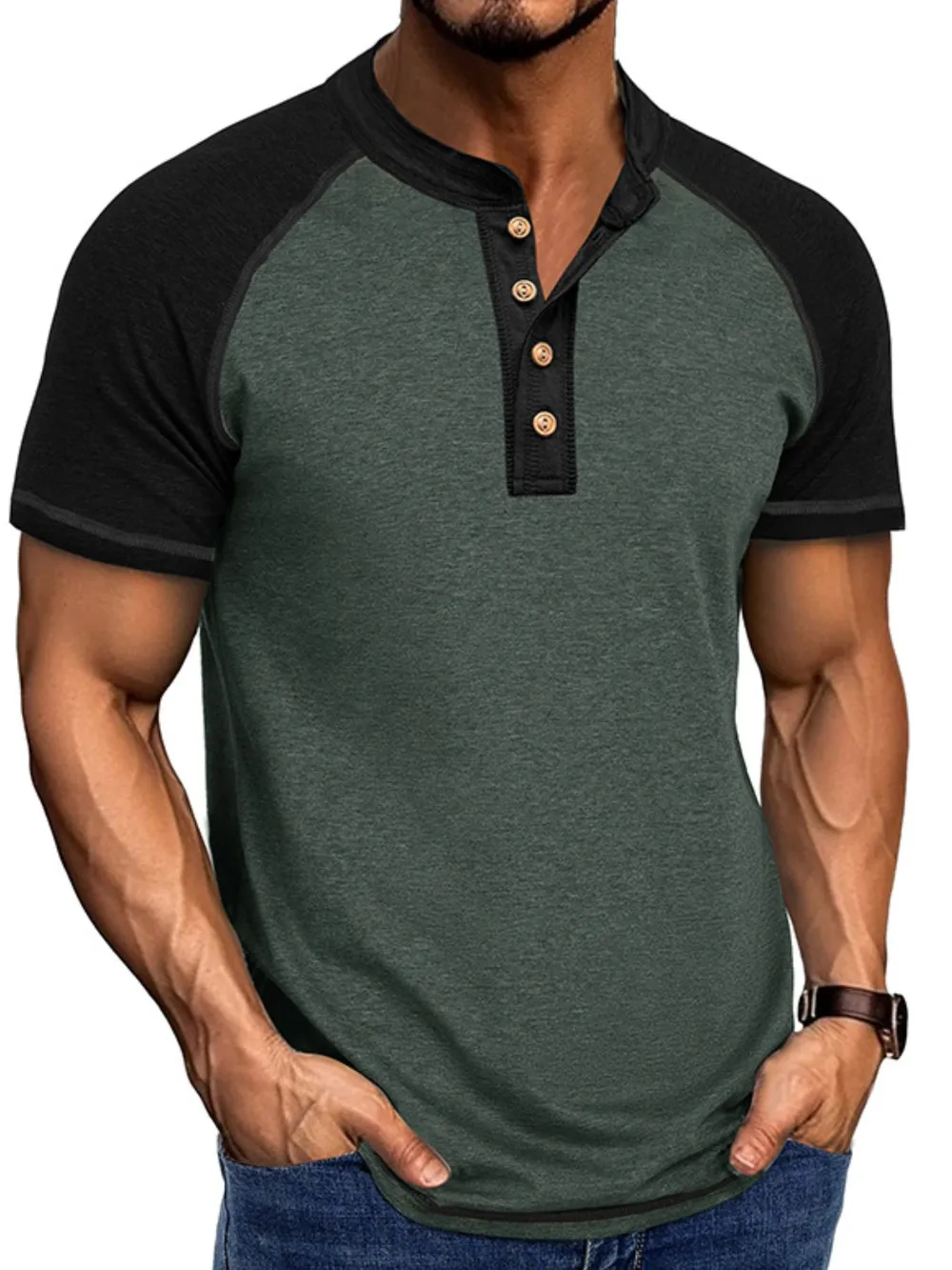 Men's Raglan Henley Color Block T-Shirt