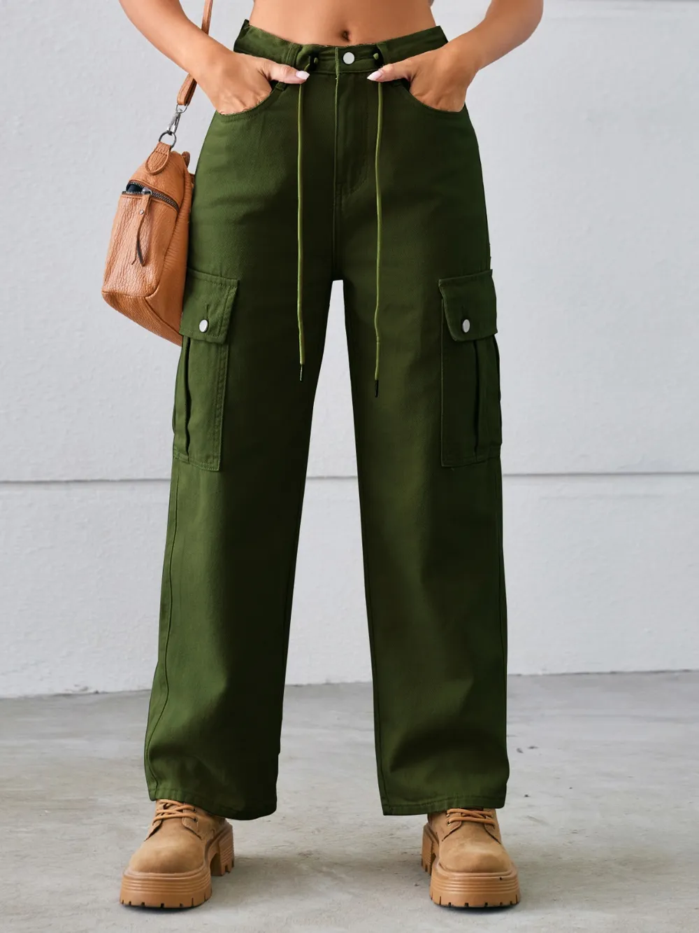 Drawstring Mid-Rise Waist Straight Cargo Jeans, image 5