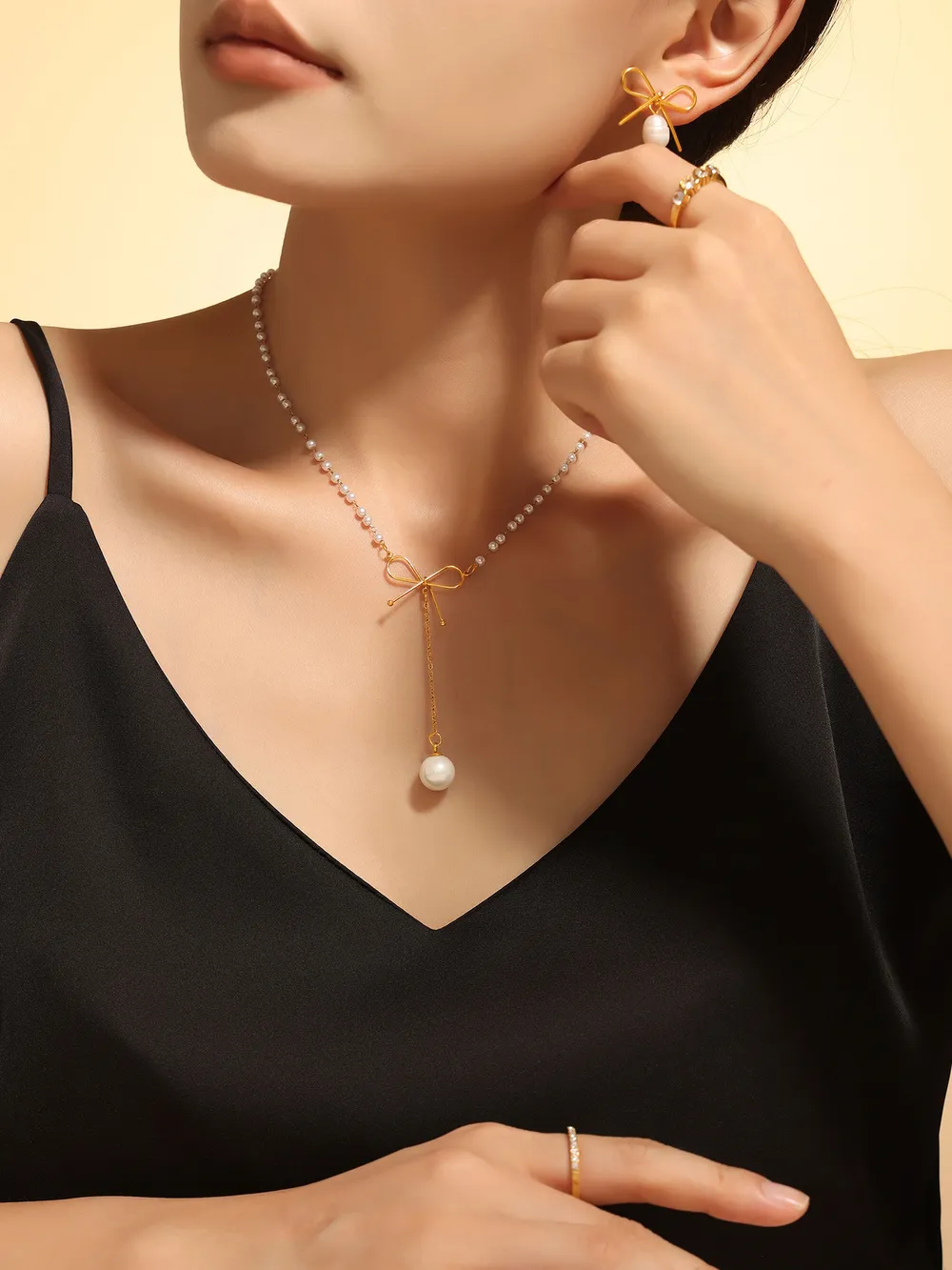 Stainless Steel Bow Pendant Necklace with Pearls, image 3