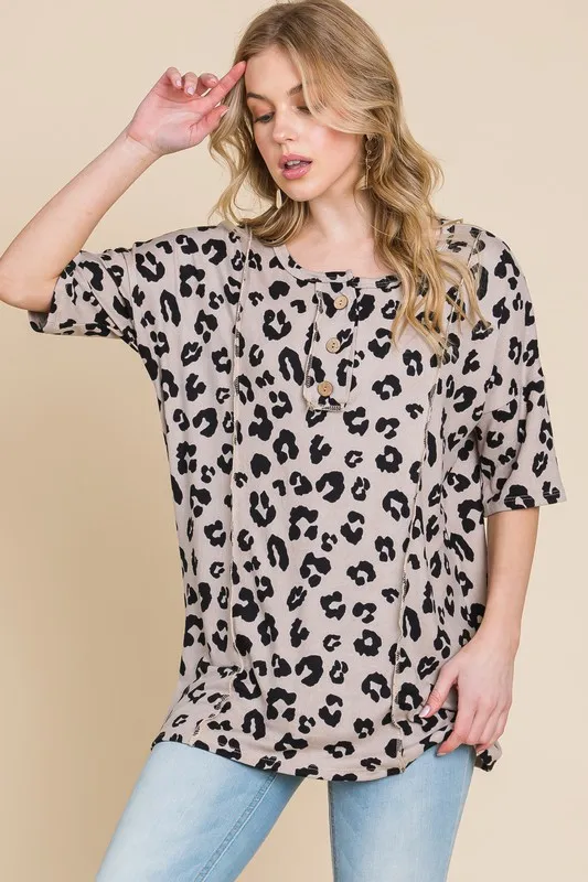 Button Detail Exposed Seam Leopard Half Sleeve Top, image 4