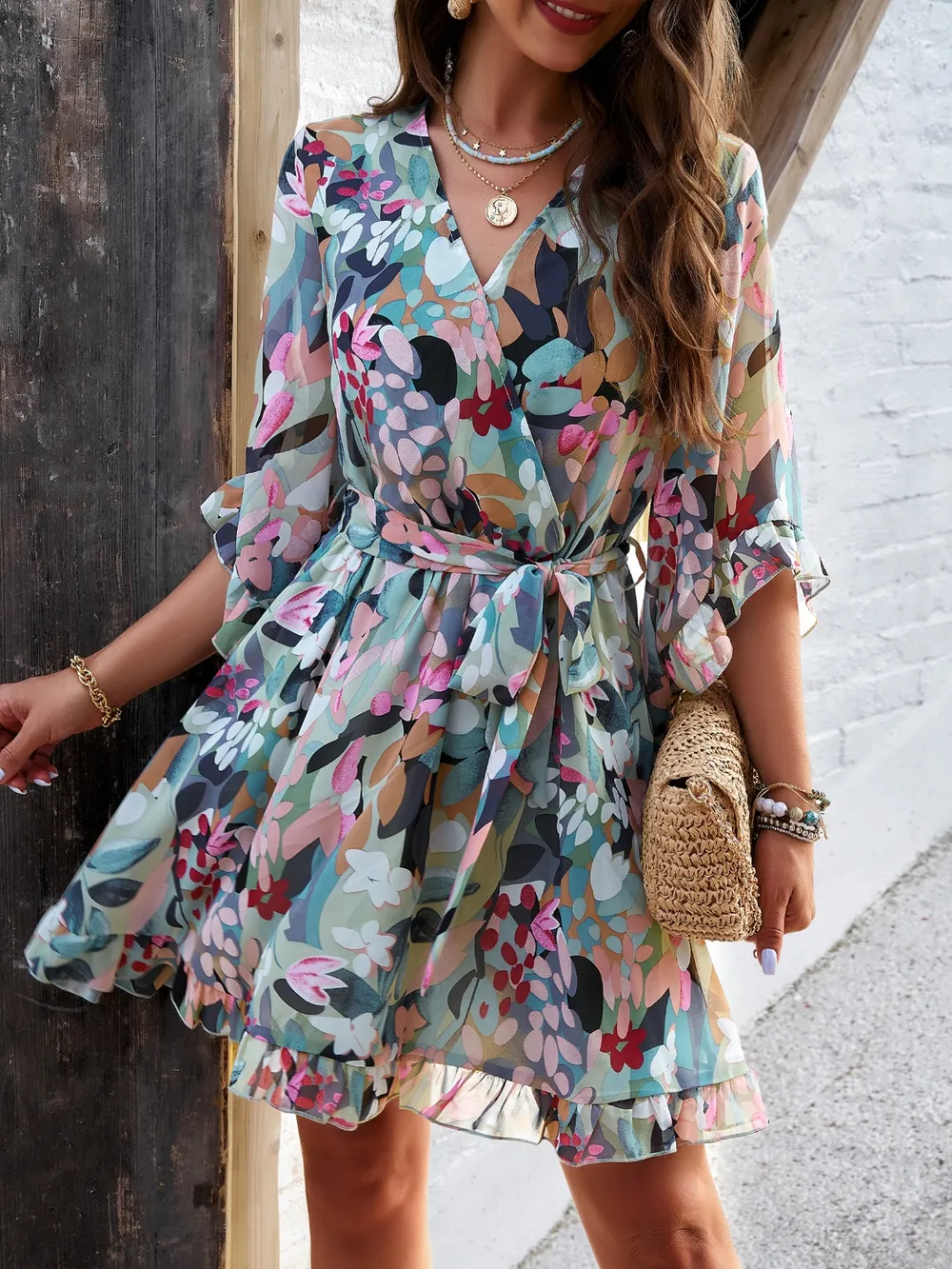 Ruffled Printed Surplice Half Sleeve Mini Dress, image 13