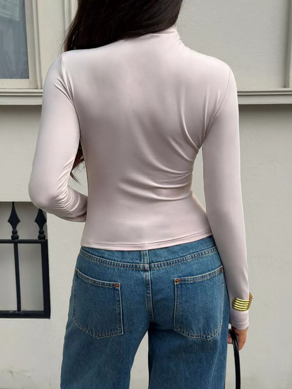 Mock Neck Ruched Slim-Fit Long Sleeve T-Shirt, image 5