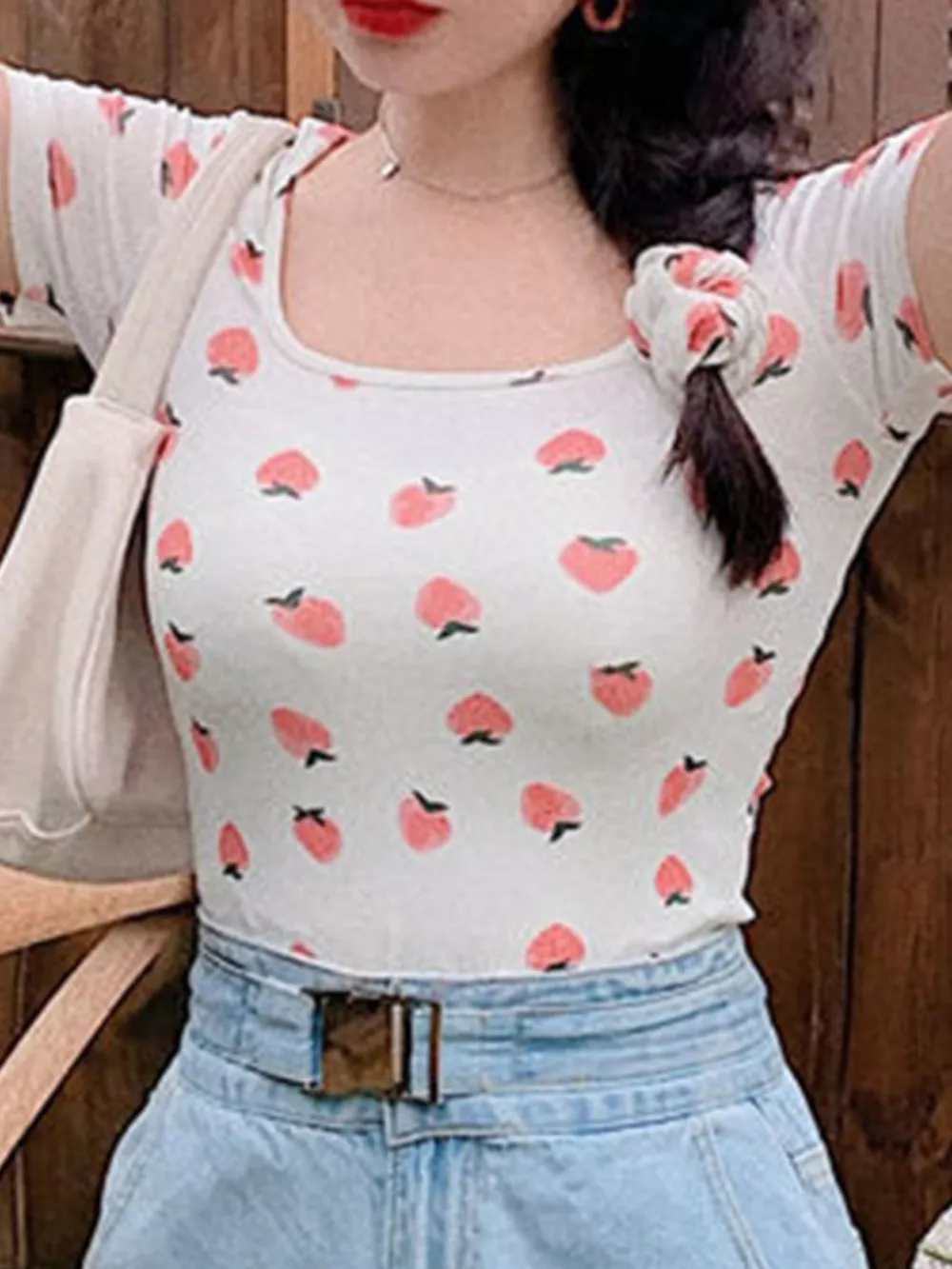 Fruit Print Square Neck Slim Fit T-Shirt, image 6