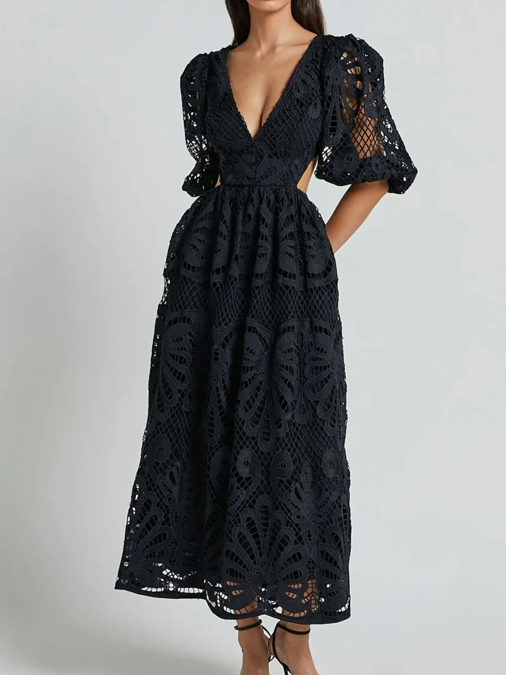 Cutout Back Lace Crochet V-Neck Dress, image 3