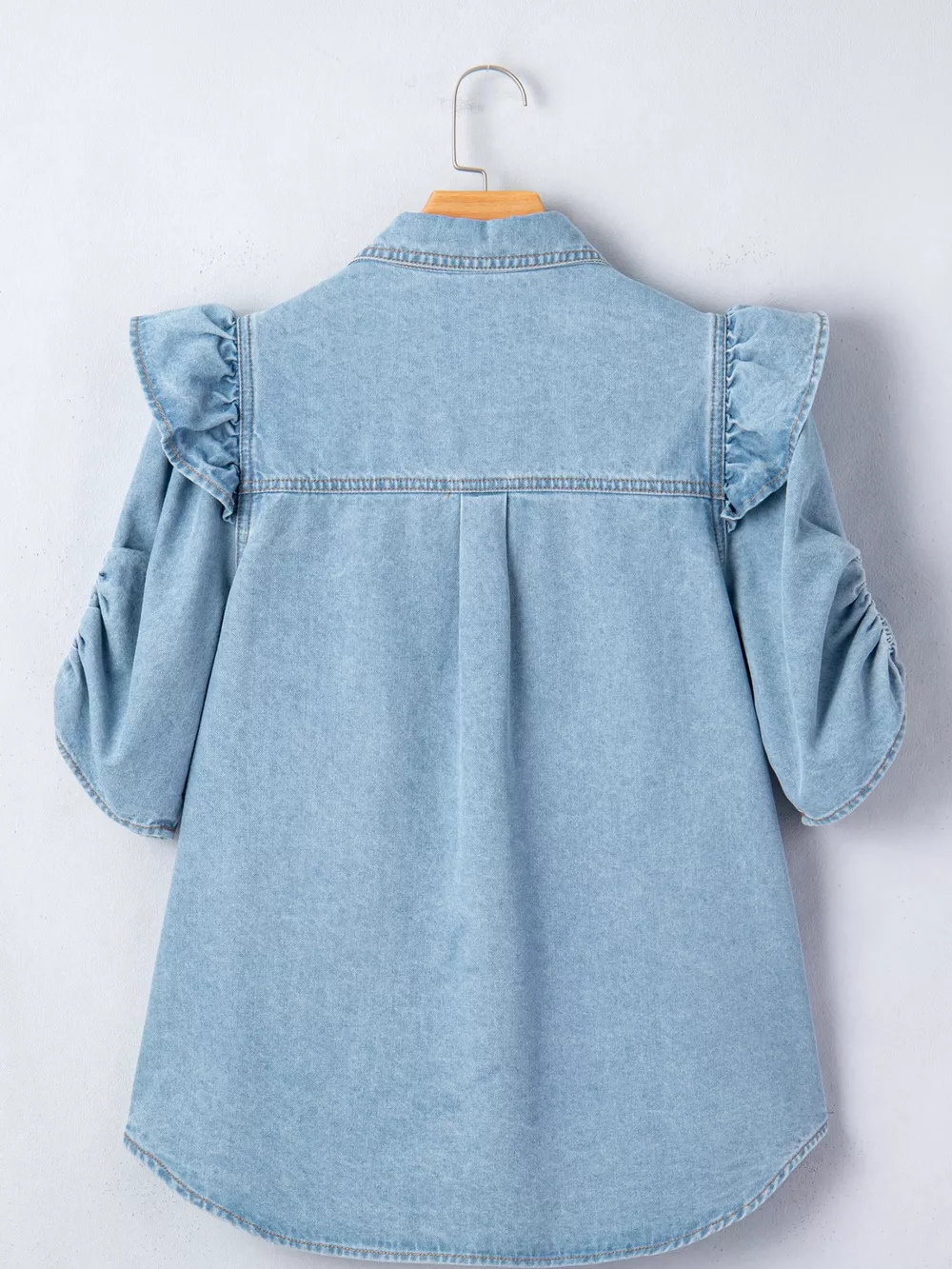 Ruffled Button-Down Denim Shirt, image 2