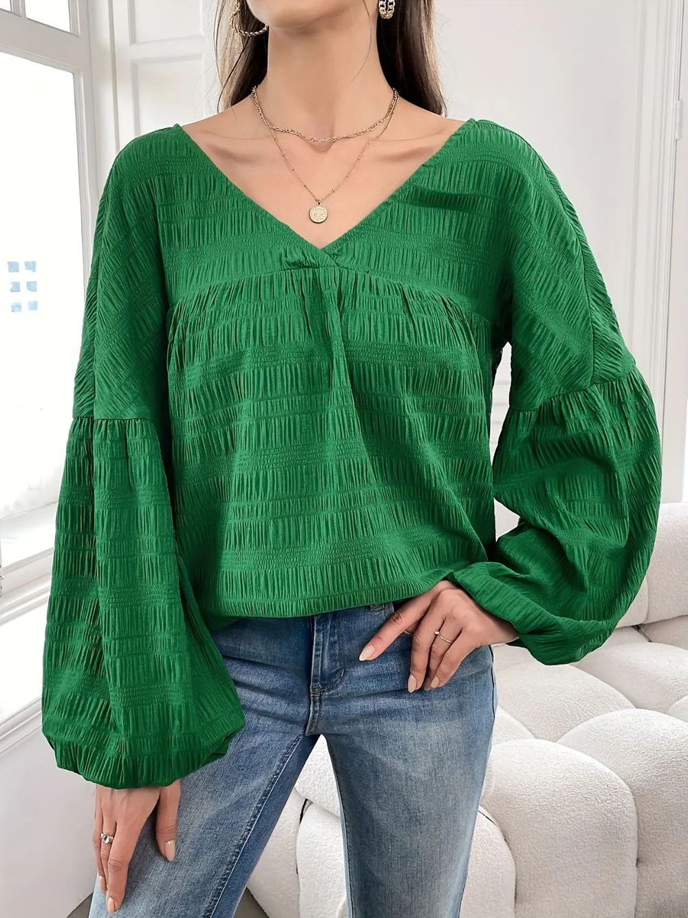 Plus Size Texture V-Neck Long Sleeve Top, image 4