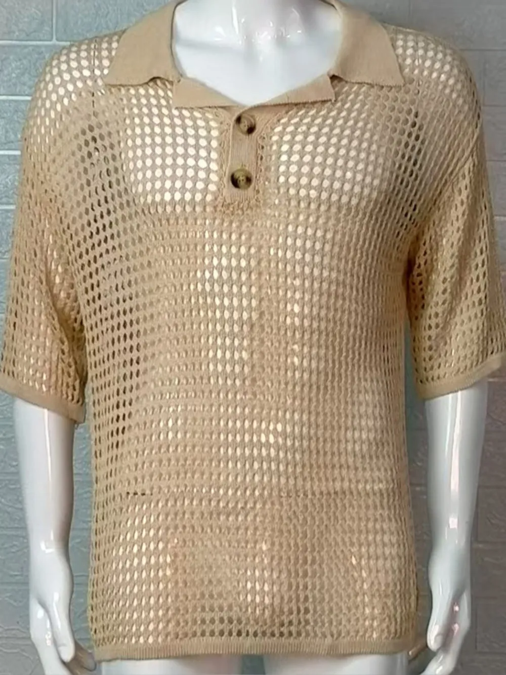 Men's Plus Size Openwork Collared Neck Quarter Button Knit Polo, image 3