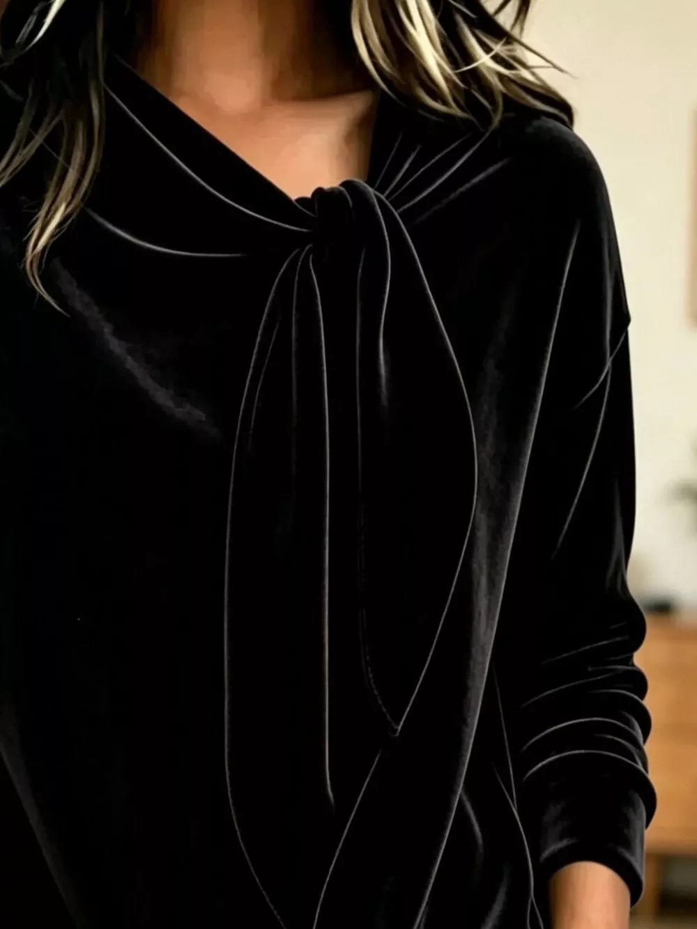Velvet Tie-Neck Long Sleeve Sweatshirt, image 8