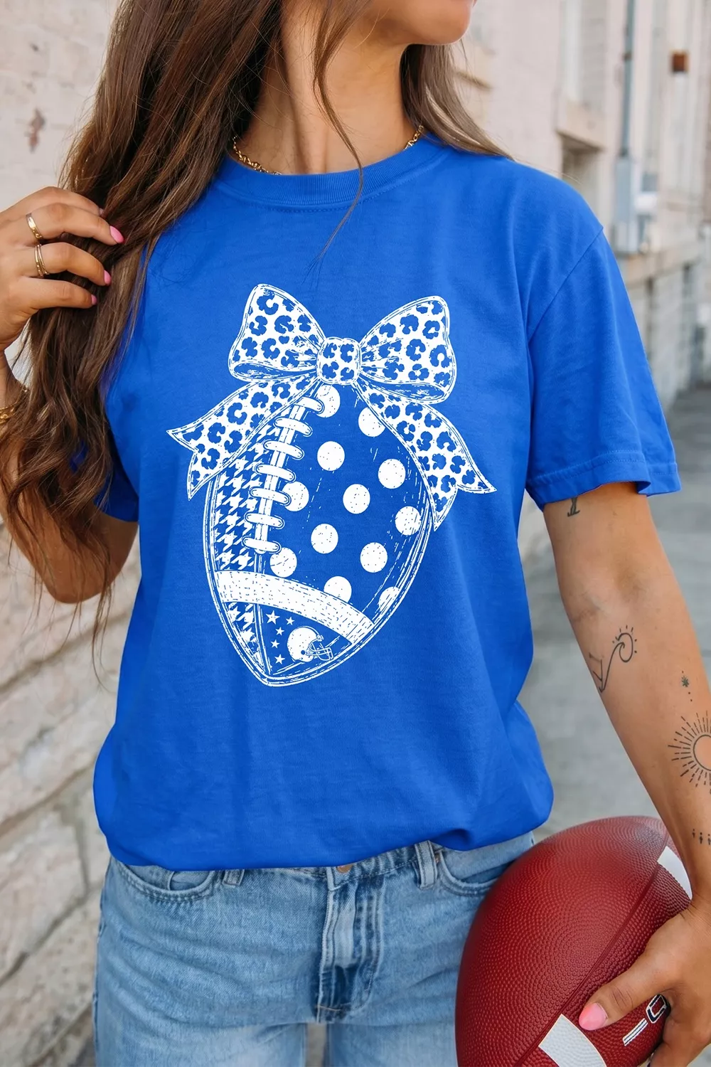Leopard Bow Polka Dot Football Graphic Game Day T Shirt, image 2