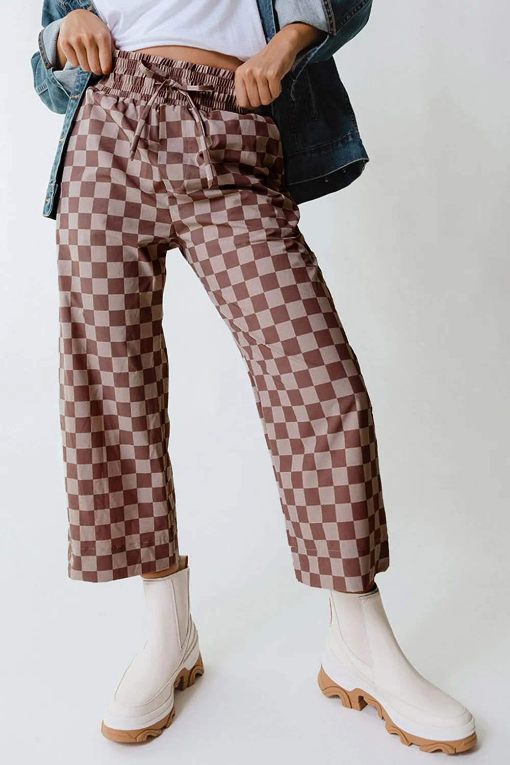 Checkered Elastic High Waist Loose Casual Pants, image 4