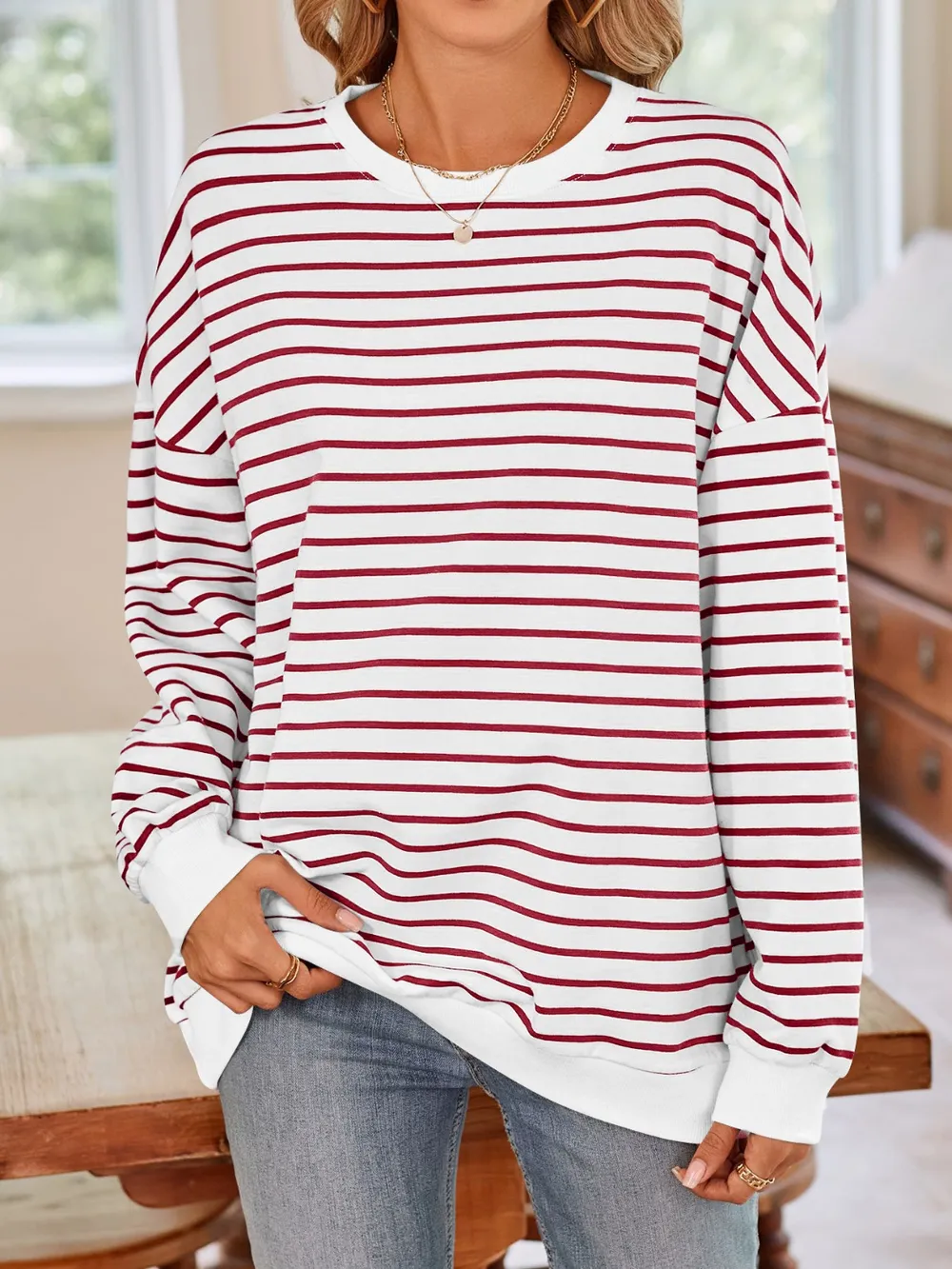 Striped Round Neck Long Sleeve Sweatshirt, image 16