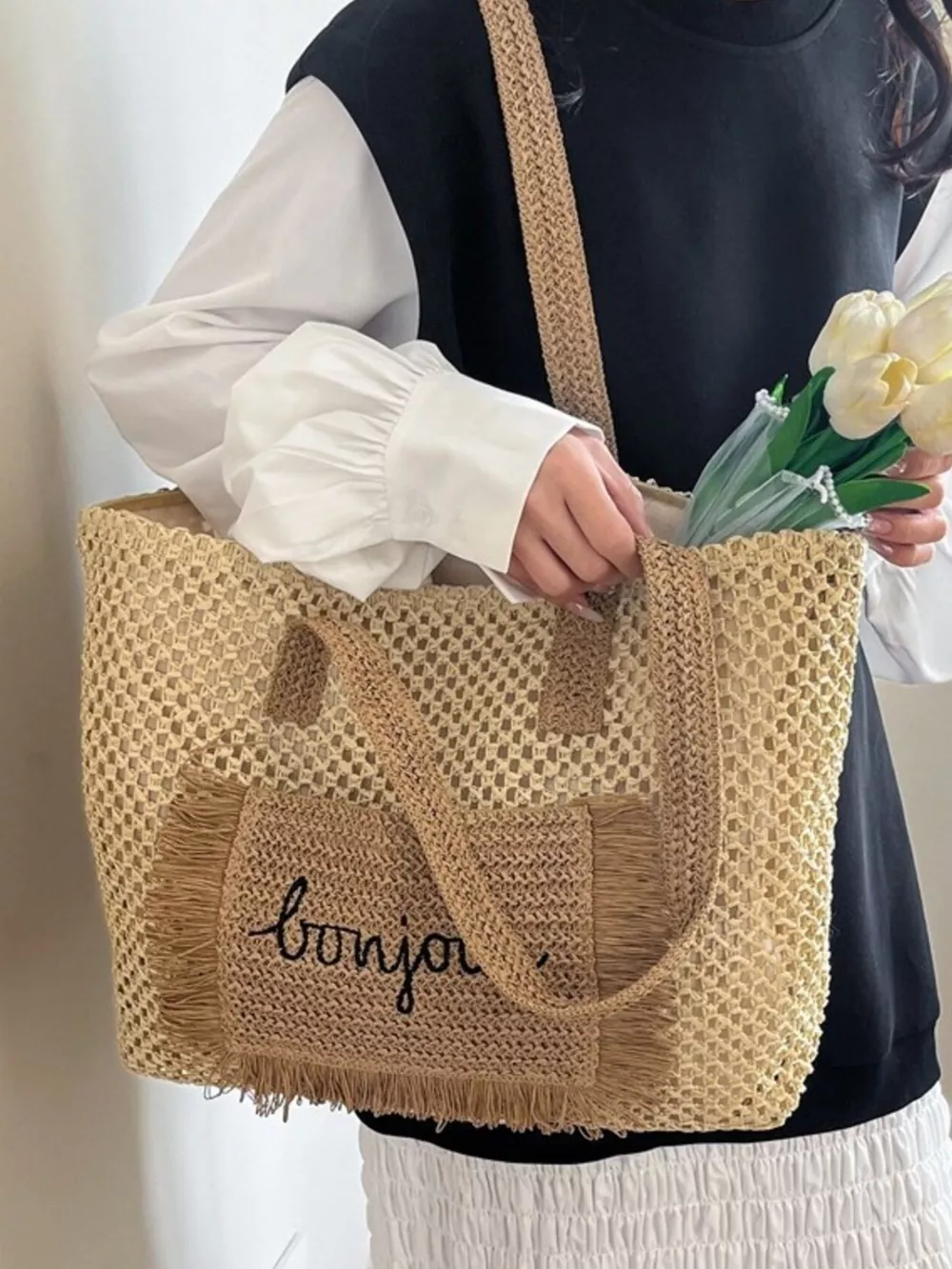 Fringe Straw Shoulder Bag, image 3