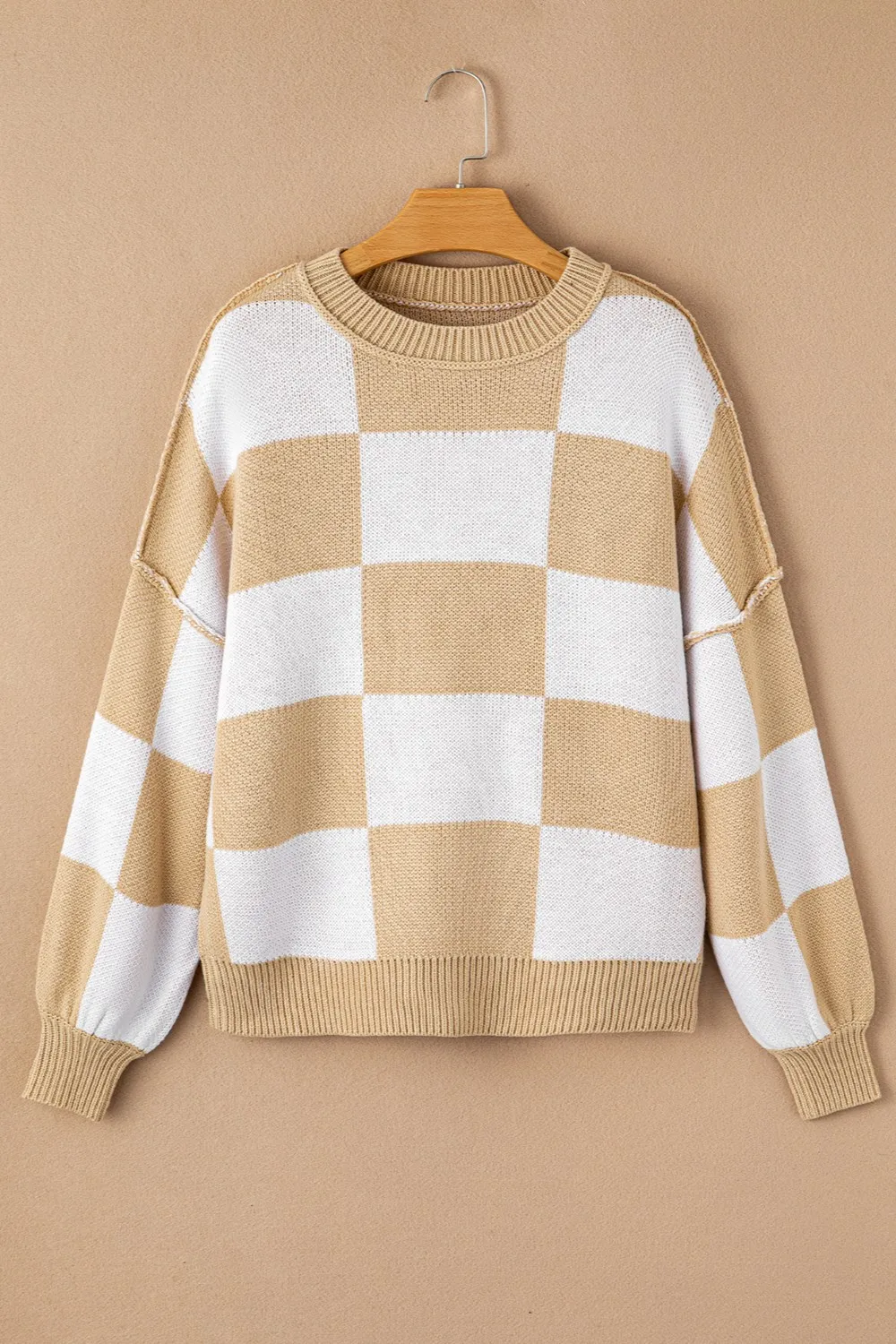 Checkered Exposed Seam Drooped Shoulder Sweater, image 9