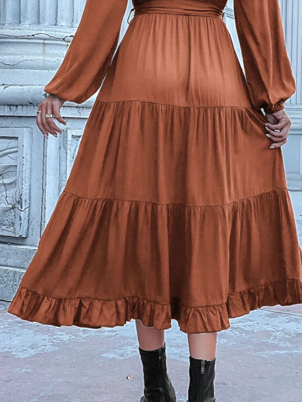 Ruffled Hem V-Neck Balloon Sleeve Dress, image 4