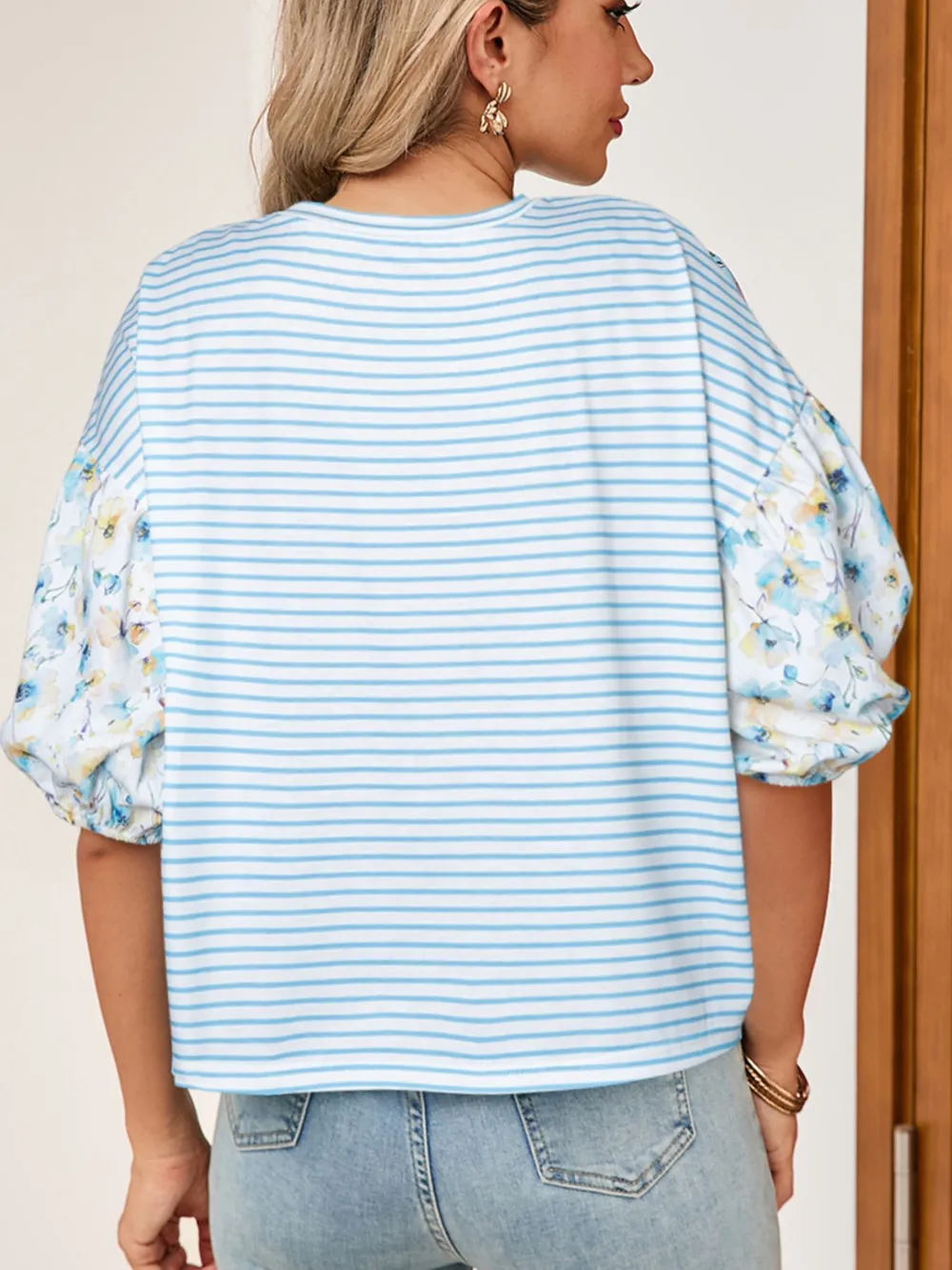 Striped Floral Sleeve Casual Blouse, image 2