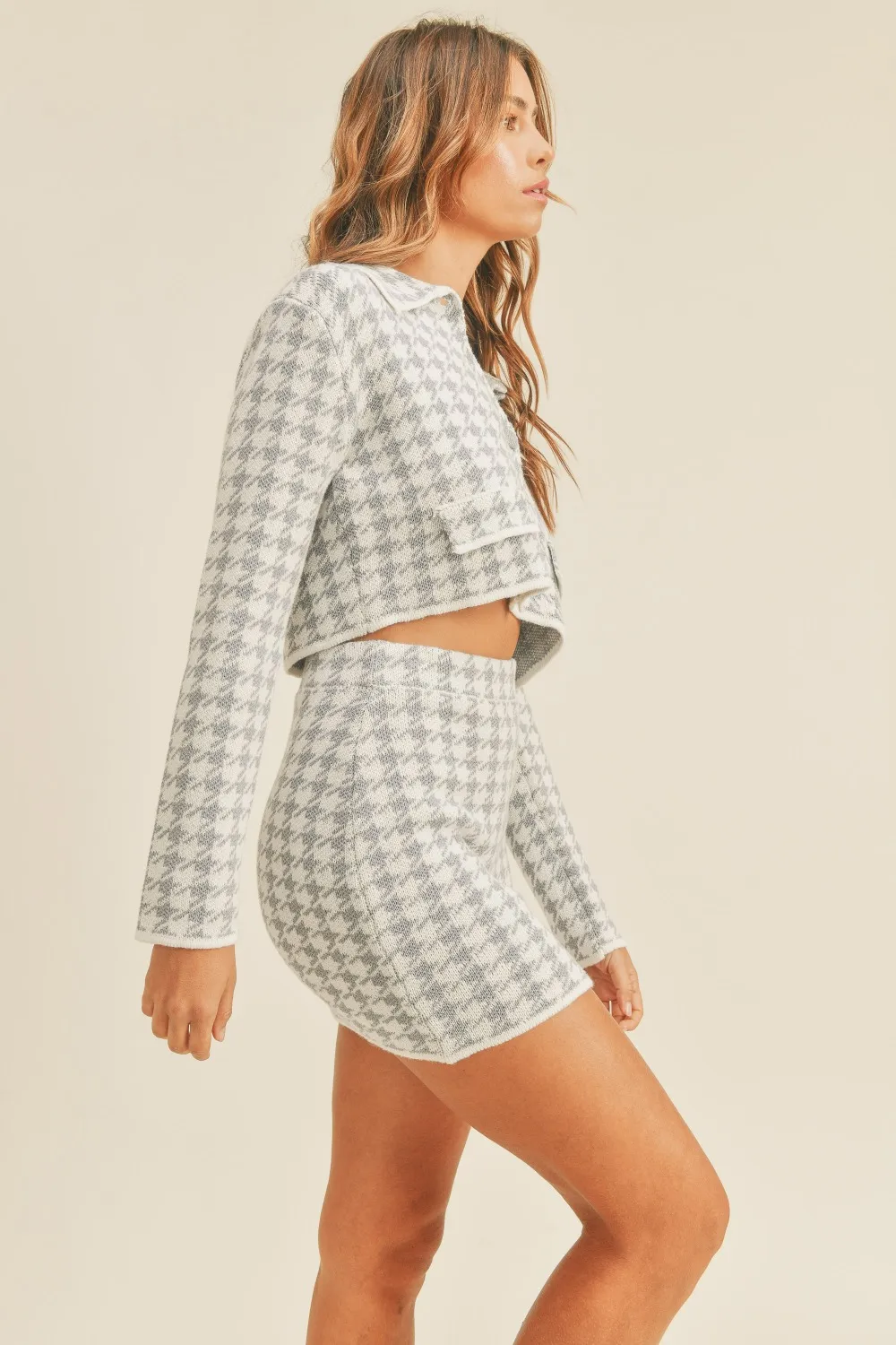 Houndstooth Cropped Knit Cardigan and Mini Skirt Set, image 3