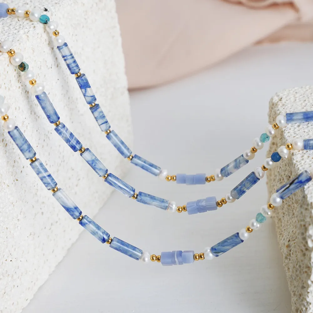 Freshwater Pearl Titanium Steel Geometric Bead Necklace, image 7