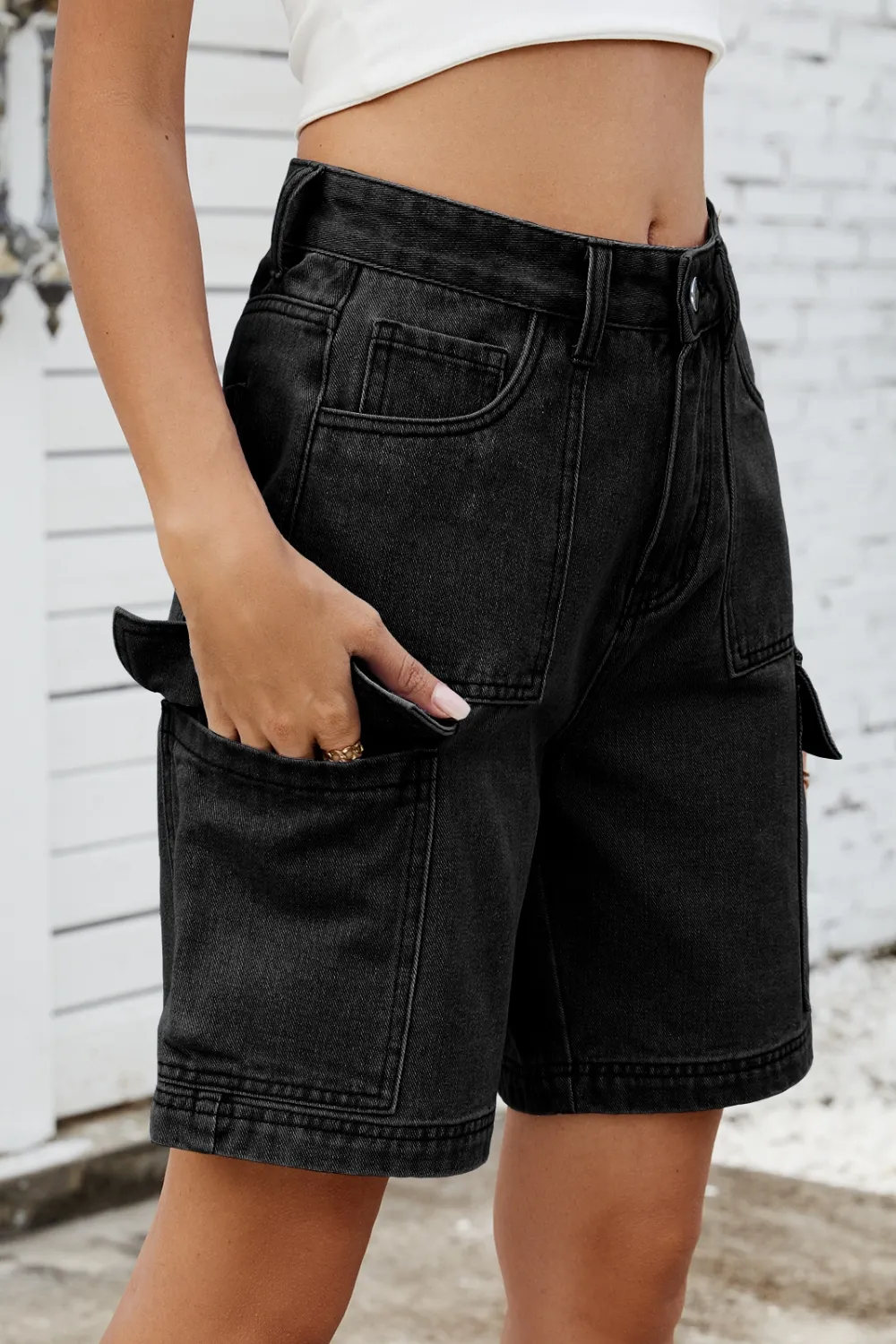 High Rise Denim Shorts with Cargo Pockets, image 5