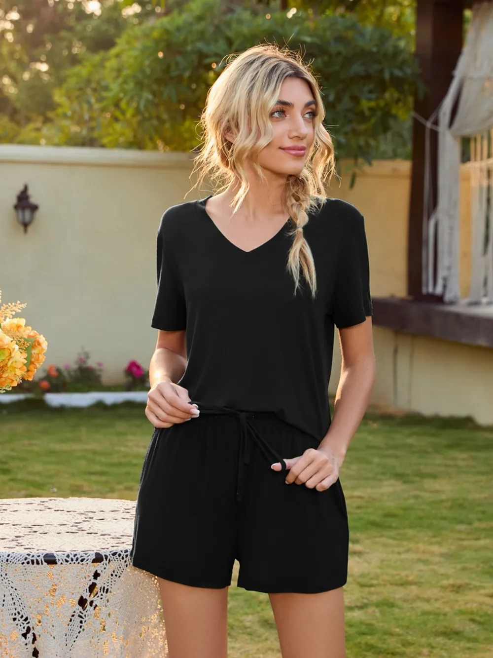 V-Neck Short Sleeve Top and Pocketed Shorts Lounge Set, image 3