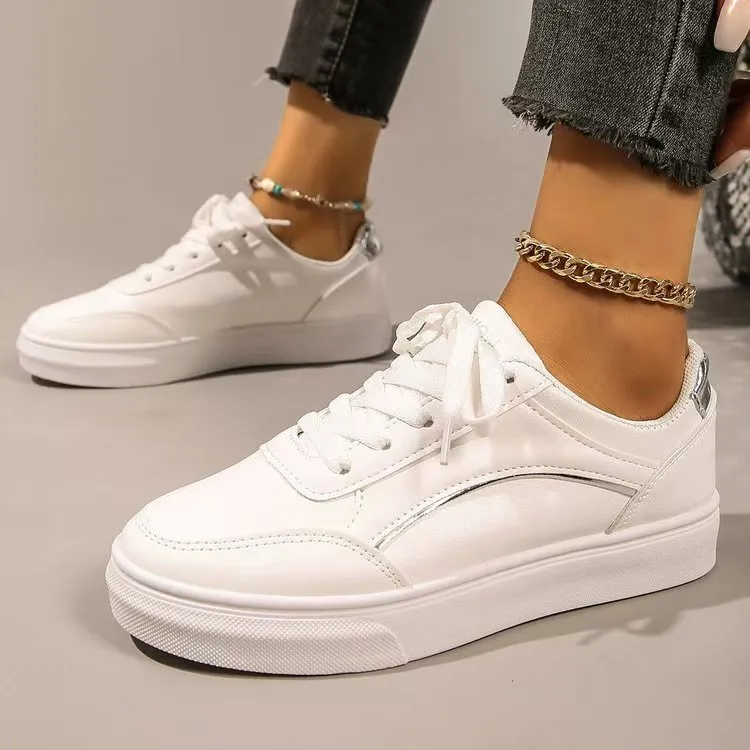 PU Leather Round Toe Flat Sneakers, image 2