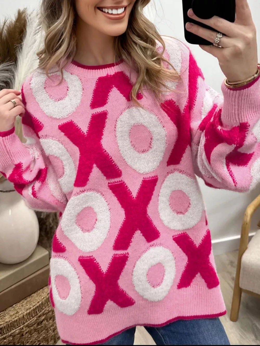 XOXO Pattern Round Neck Sweater