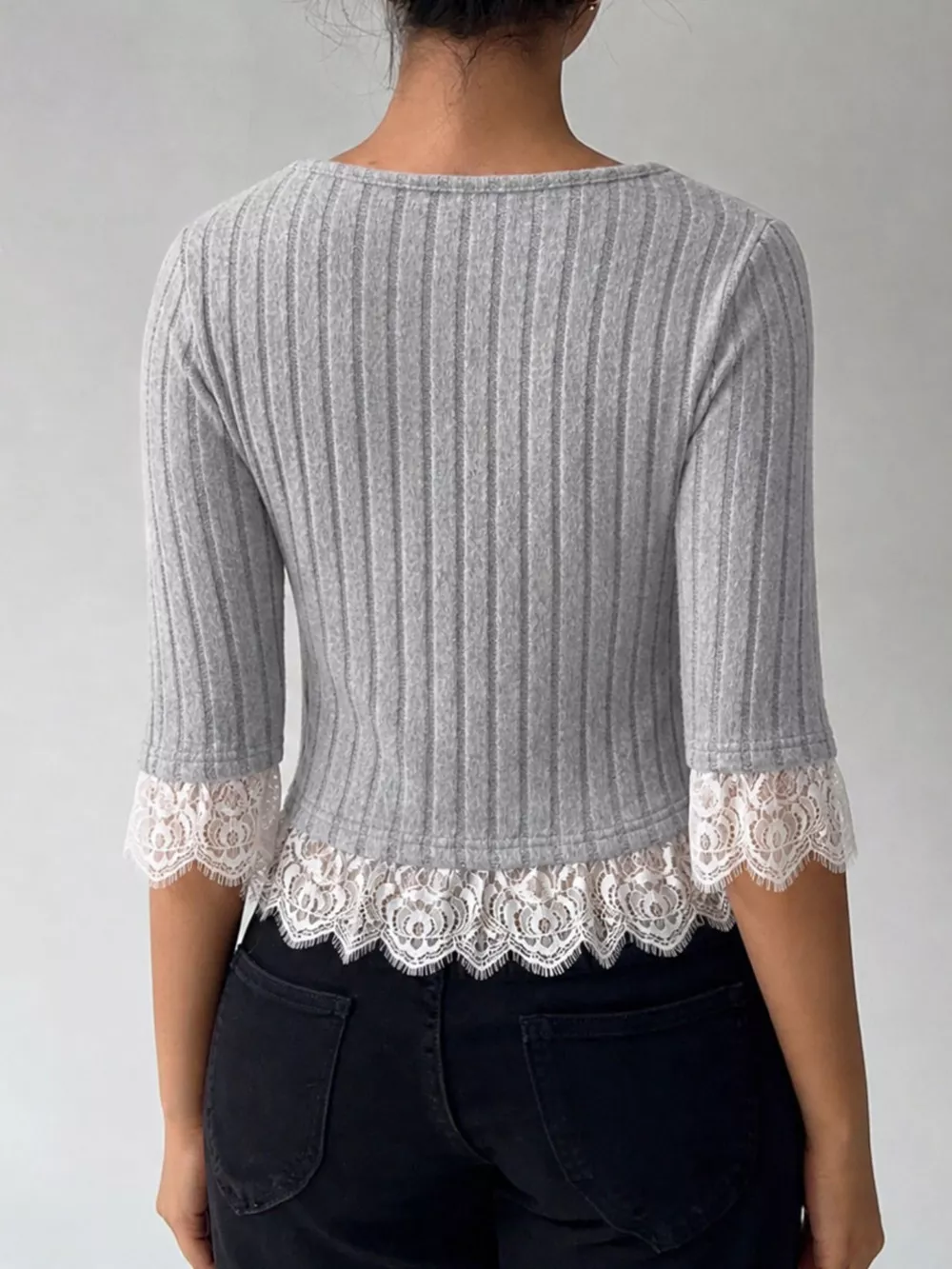 Lace Hem Ribbed Knit Button-Down Top, image 5