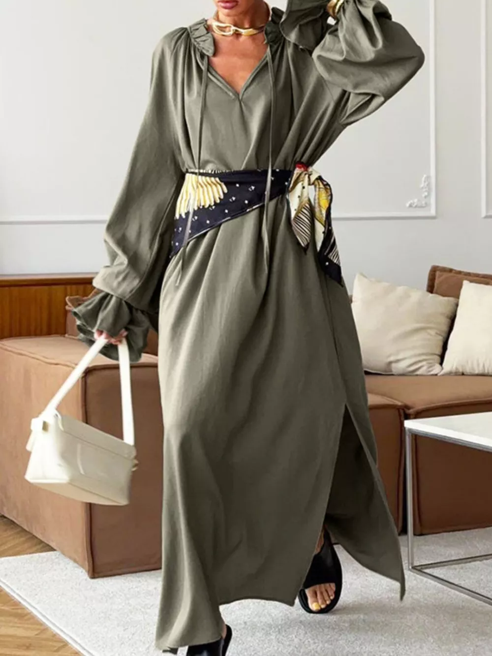 Tie Neck Flounce Sleeve Maxi Dress, image 11