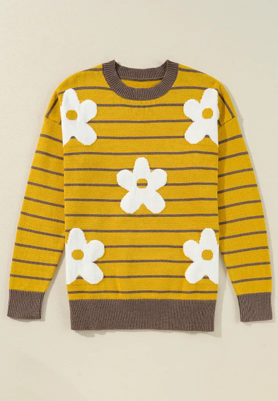 Flower Stripe Round Neck Long Sleeve Sweater, image 2