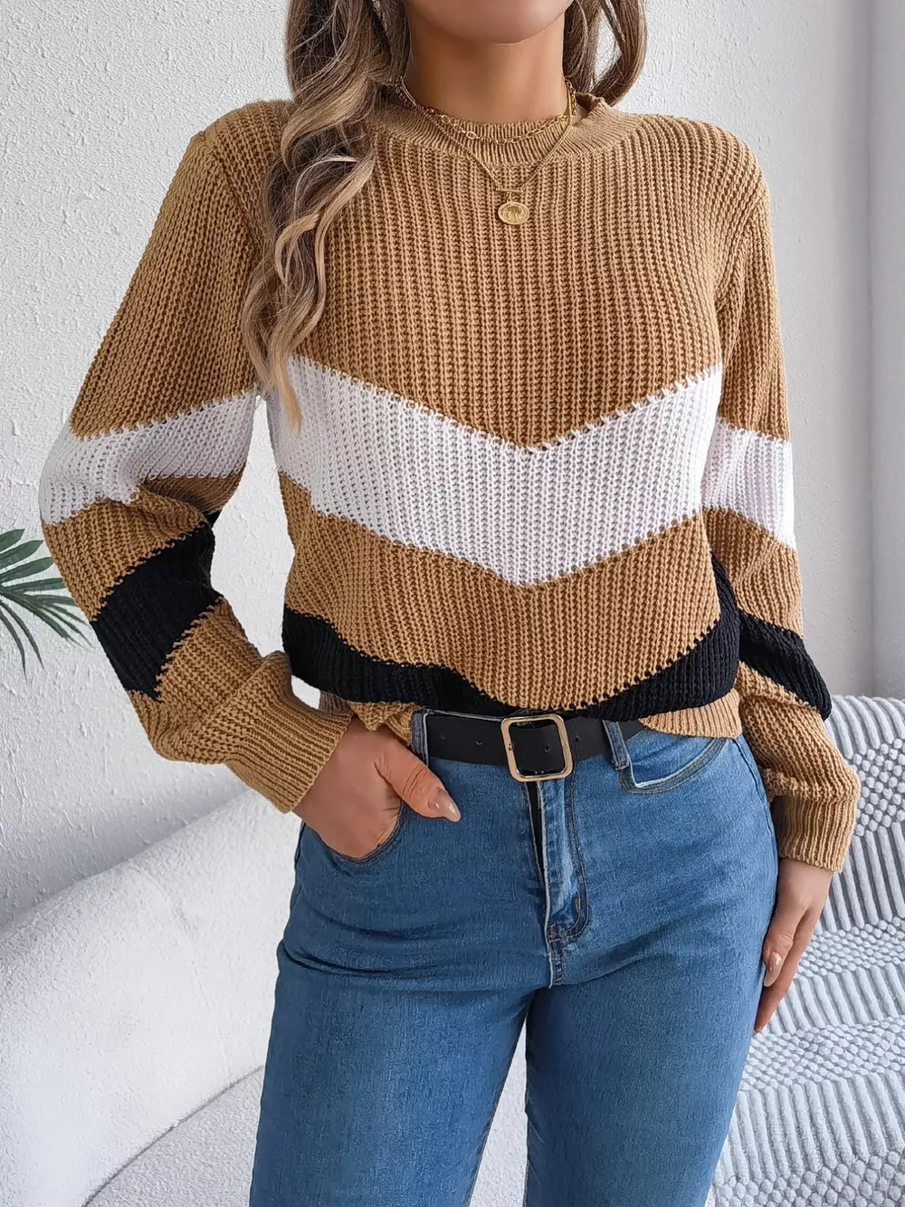 Chevron Stripe Color Block Round Neck Sweater, image 17
