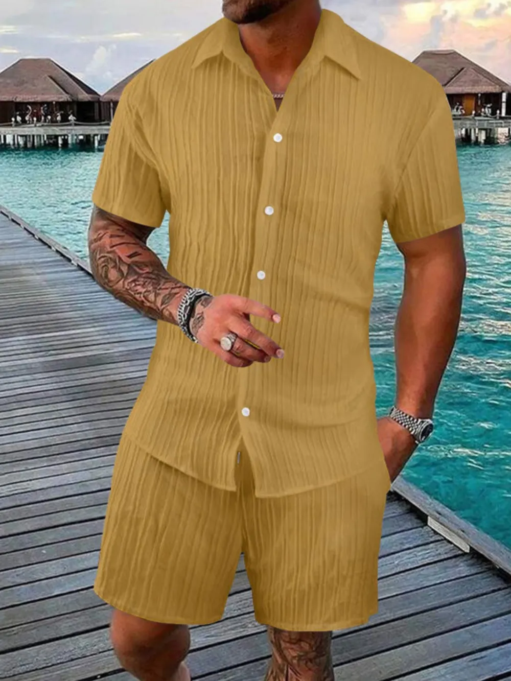 Men's Full Size Button Down Short Sleeve Shirt and Shorts Set Plus Size, image 3